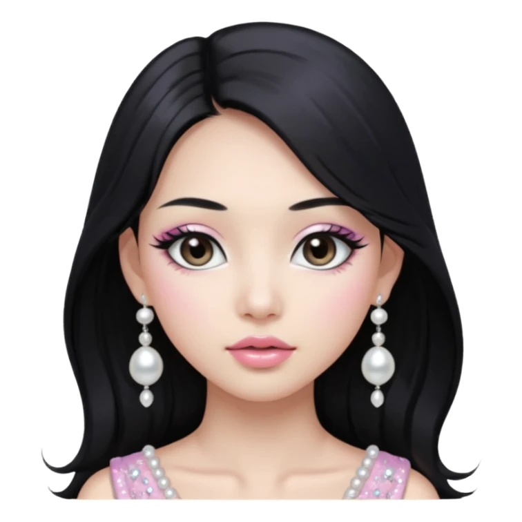 asian long black hair silver grey eyes glossy lips glittery white and light pink eyeshadow girl pearl earrings sticker