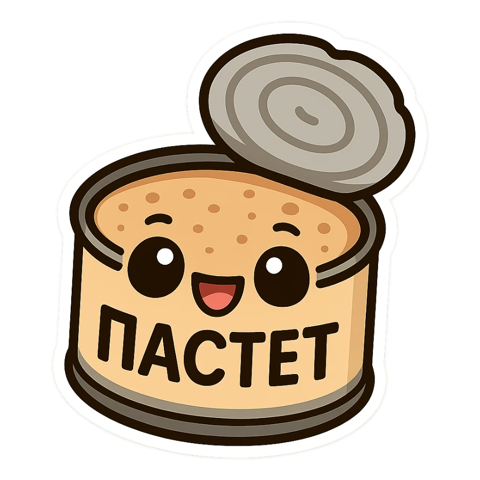 Minimal chibi open pâté can emote, visible pâté inside the can, big cute eyes, cheerful smile, thick black outline, flat colors, strong contrast, simple emoji sticker style, transparent background, Twitch emote optimized, Cyrillic text "ПАСТЕТ" clearly readable sticker
