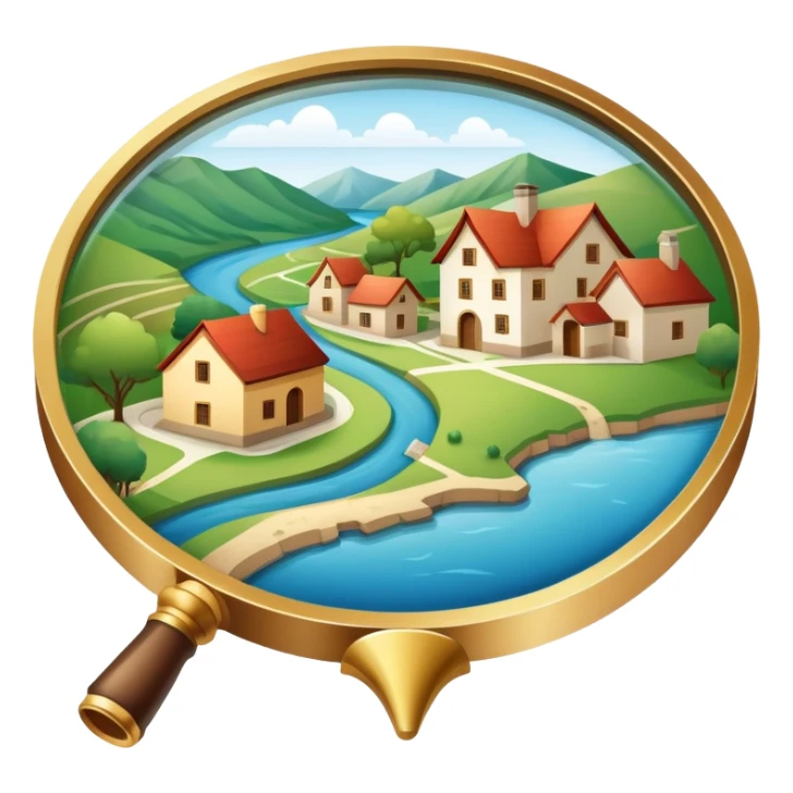 An icon featuring a magnifying glass over a local map, with a small village, traditional house, and natural landmarks like a river and hill, symbolizing local history and geography. Transparent background highlights the study of native land, culture, and heritage. sticker