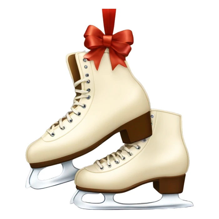 Cream color pair of ice skates hanging from a long brown bow sticker
