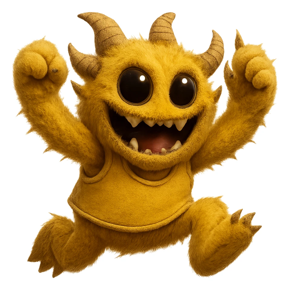 Make this yellow athletic mascot look more grown up and cooler, less like a person and more like a monster, keep the soft fuzzy texture and big eyes, jumping with excitement, with no background. Maintain the yellow color and soft fuzzy texture with big eyes, emphasizing a monster-like excited character jumping with excitement. sticker
