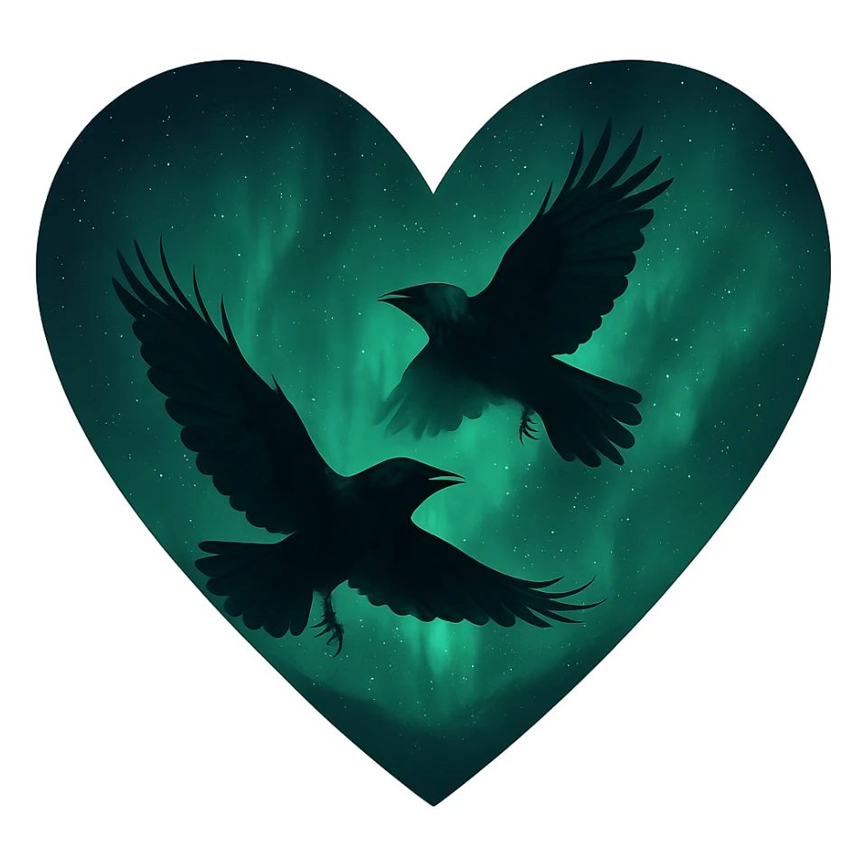  heart with green night sky and dark ravens, remove background sticker
