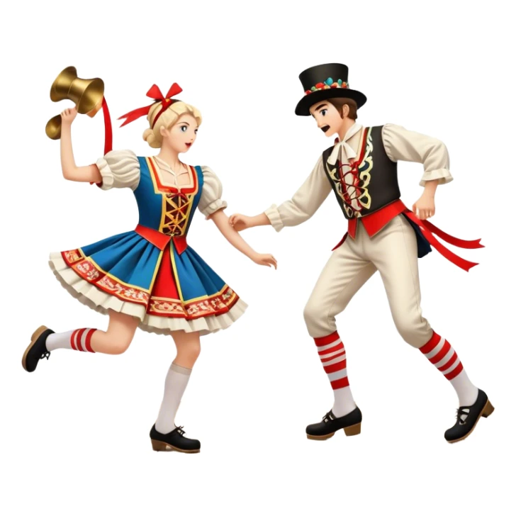 Cinematic Realistic scene of two performers executing a Morris Dance in full traditional costume—with bells, ribbons, and clogs—captured in dynamic motion against a rustic English backdrop and warm, golden lighting sticker