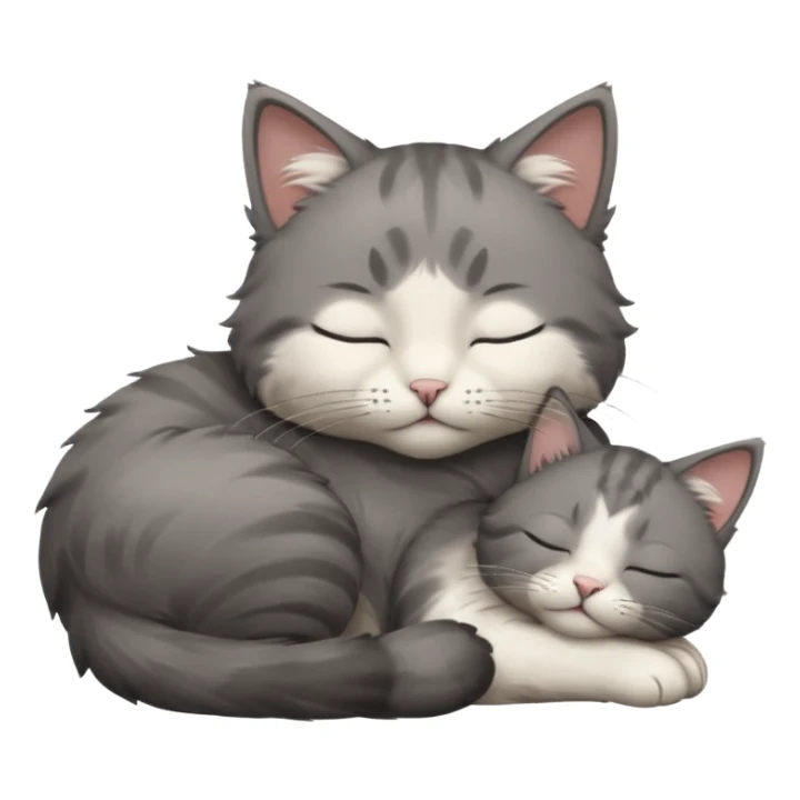 dark grey and white small cat with closed eyes, leaning his head on his paw while leaning on his elbow lying down sticker