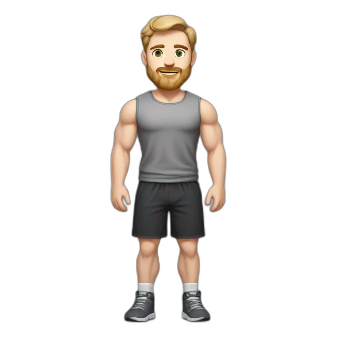 Full height Pale skinned fit man With biceps, Realistic eyes and mouth, light brown hair and stubble In dark gray sleeveless mike, black oversize sports shorts, watch and white sneakers. sticker