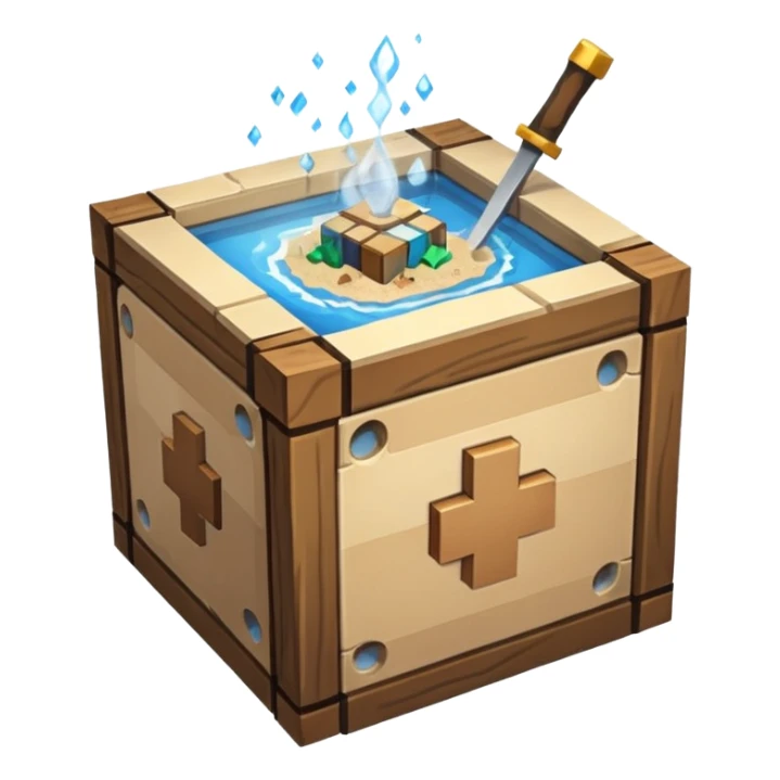 crafting table with tools, stone, wood, glass, sand, steam, water... like a minecraft style cube crafting table 100% like a minecraft cube sticker