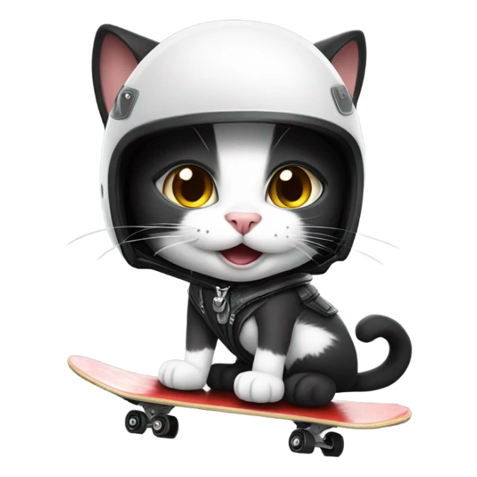 Smiling Black and white cat skateboarding with crash helmet  sticker