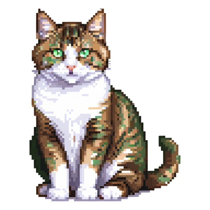 Brown, white, and black tabby cat with green eyes sitting to show its white belly, pixelated art sticker
