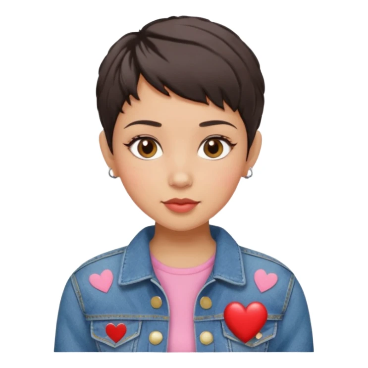 woman pixie cut dark brown hair with barrettes, hispanic, brown oval eyes, heart shaped face sticker