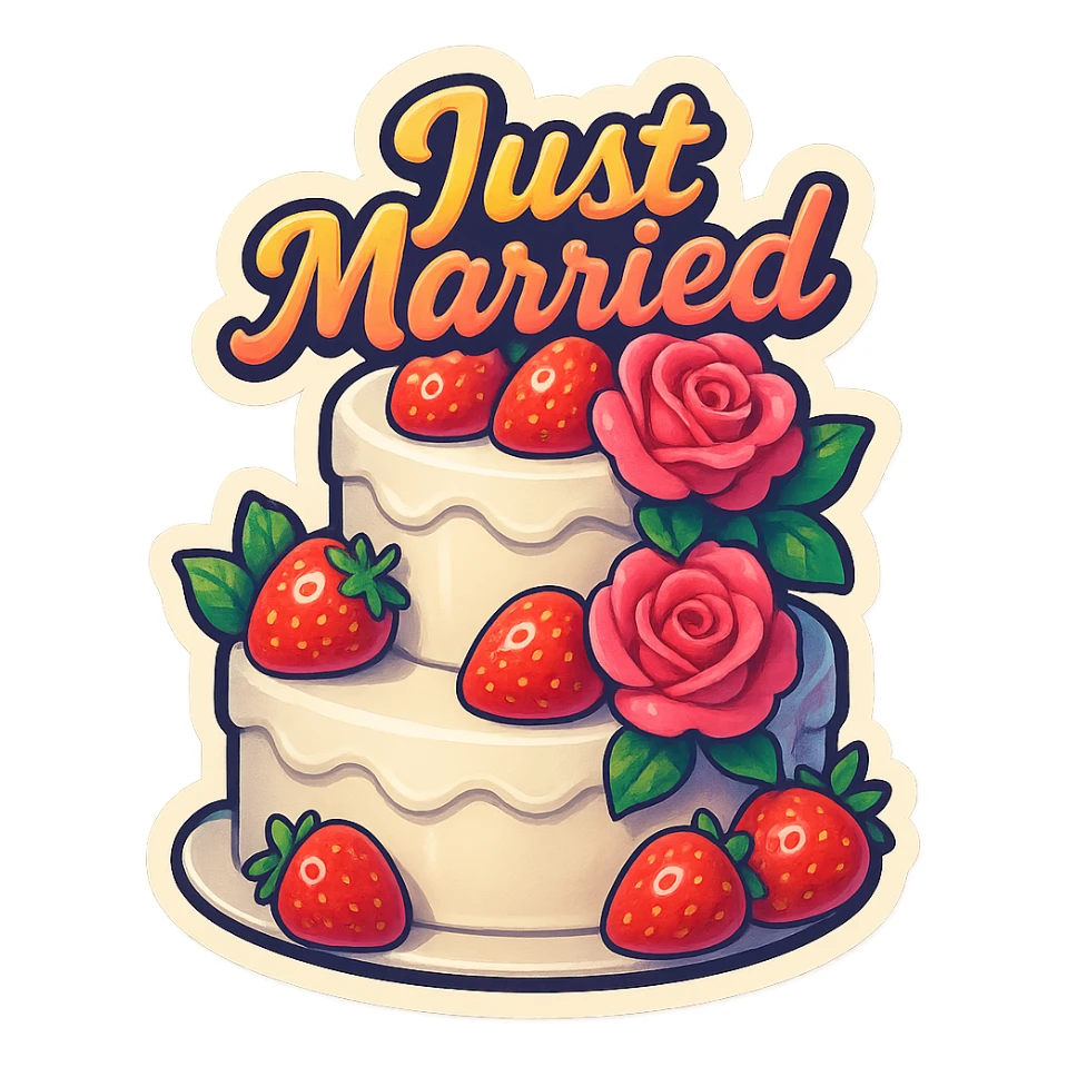 white wedding cake with strawberries, pink roses, 'Just Married' topper, retro stickers style sticker