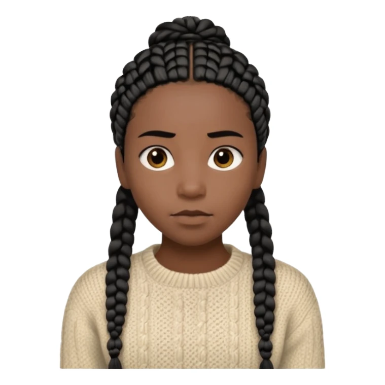 Her black skin glows warmly under the natural light, enhanced by the gentle textures of her knitted beige sweater and black hair in cornrows. her serene expression brings a quiet strength to the portrait.  sticker