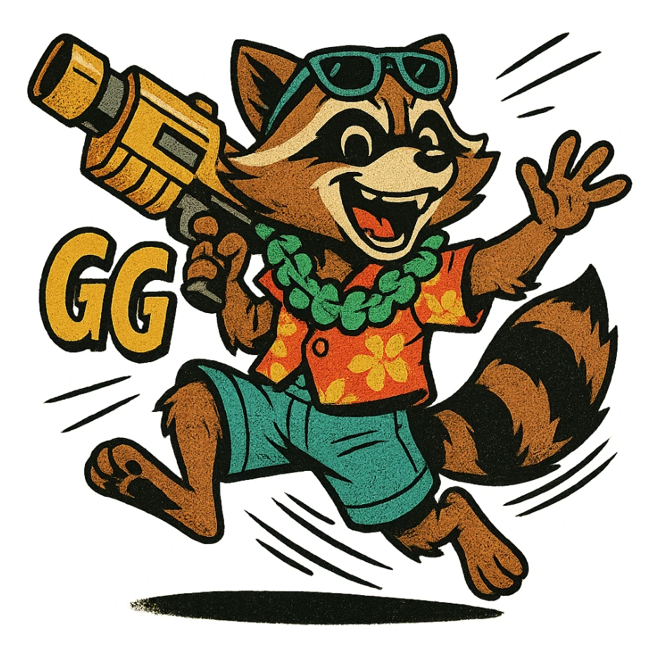 Rocket Raccoon Marvel Rivals summer skin, comic book style, with text 'GG', happy face, no background, based on provided reference sticker