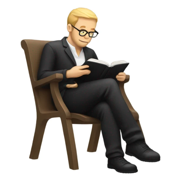 white person sitting on chair wearing black trousers  reading a book  sticker