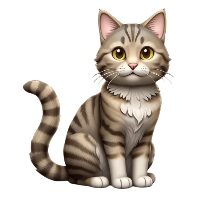 cinematic-[grey brown tabby cat]-realistic-full-body-sitting-emoji,-tail-curled-playfully-around-its-paws,-head-tilted-dramatically,-scruffy-[grey]-fur,-simplified-yet-realistic-focused-features,-highly-detailed,-glowing-with-an-almost-sarcastic-glow sticker