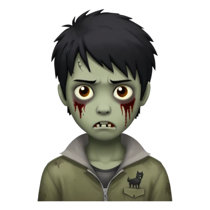 Boy, zombie, black hair, medium long,wolf cut, emo, shaggy, dark, spooky, creepy expression,sad sticker