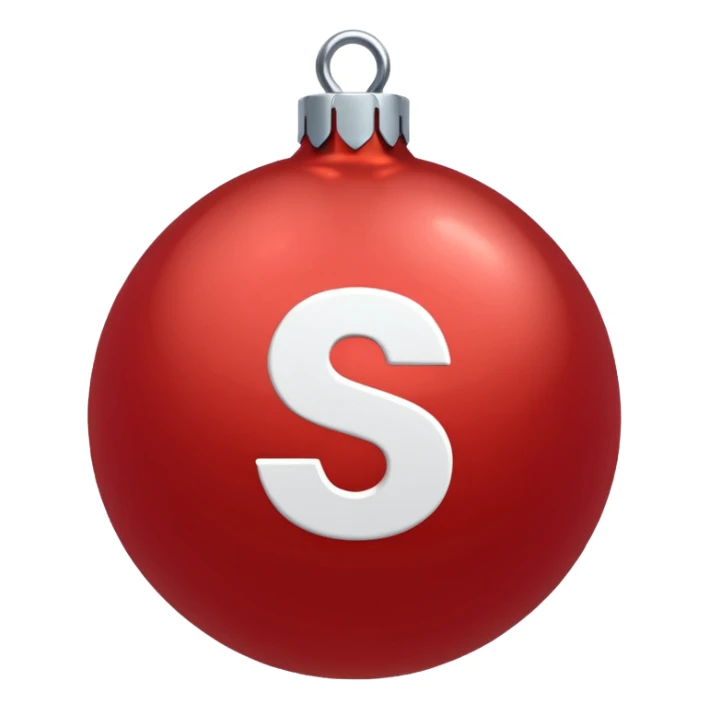 red Christmas ball with white "S" logo sticker
