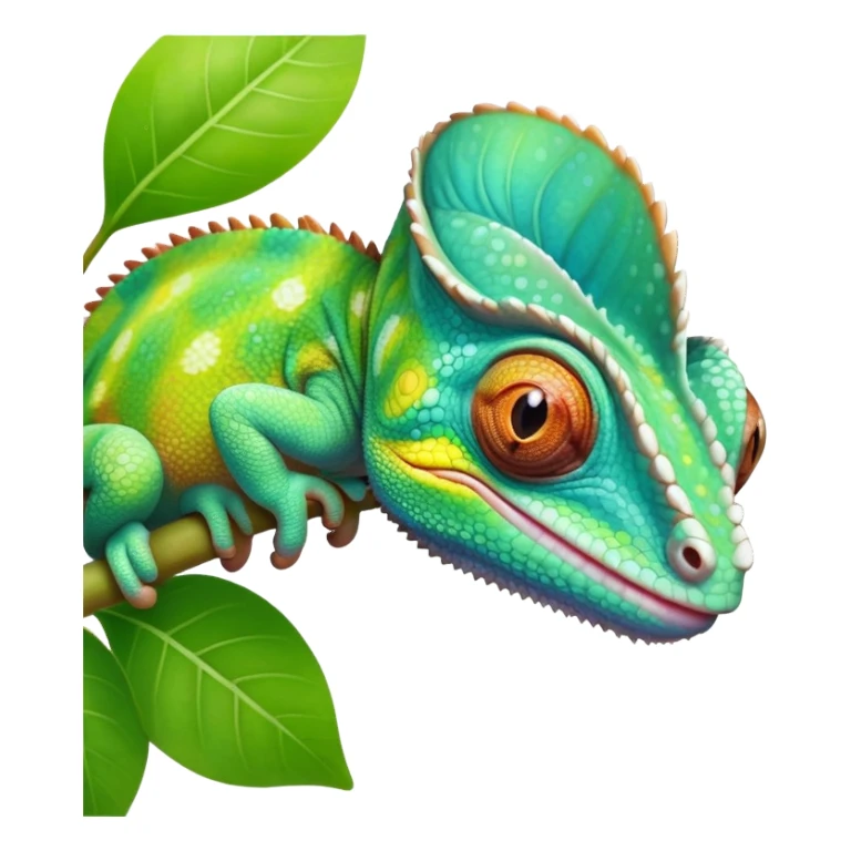 cinematic cute-smiling baby chameleon-realistic emoji,-blending-with-vibrant-greenery.-detailed-scales-in-shifting-colors,-showing-the-chameleon’s-ability-to-camouflage.-soft-natural-light-highlights-its-texture.-light-background, zoomed into its face sticker