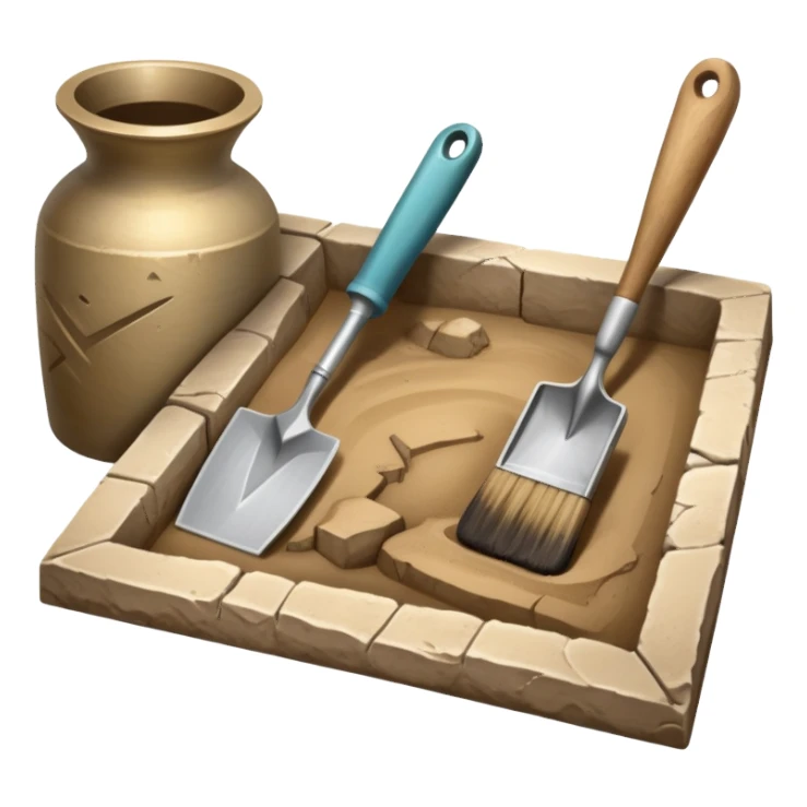 An icon showing an archaeologist’s tools: a trowel, brush, and a partially uncovered ancient artifact like a vase or tablet. The design includes a sandy excavation site with ruins in the background, symbolizing the discovery of past civilizations. Transparent background  sticker