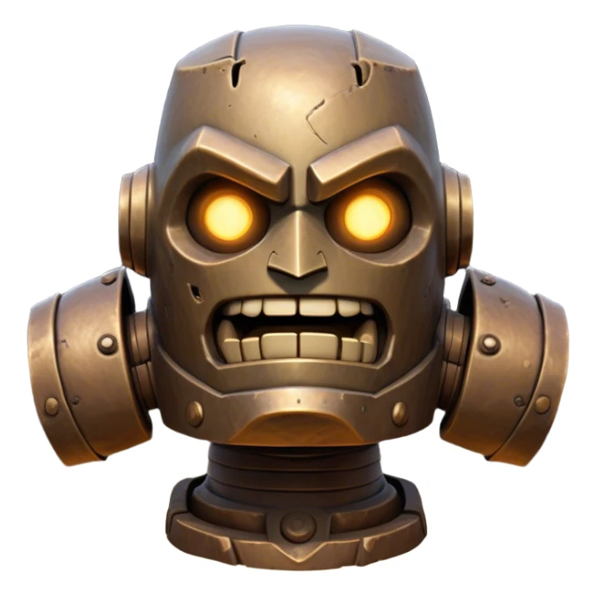 Cinematic Comical Mighty Iron Golem Portrait Emoji Head tilted dramatically with an exaggeratedly amused expression, featuring a bulky, armored form with a slightly lopsided stance, ancient runes flickering erratically, and one massive, jointed hand raised in a slow, deliberate wave. Wide, expressive glowing eyes give it an almost humorous, puzzled look, as if it’s contemplating something far beyond mortal understanding. Rendered with detailed metallic textures and deep, dynamic lighting, high shine, dramatic yet whimsical, styled with a hint of unexpected charm, soft glowing outline, capturing the essence of an endearing yet colossal guardian that looks ready to crack an impossibly slow, earth-shaking joke! sticker