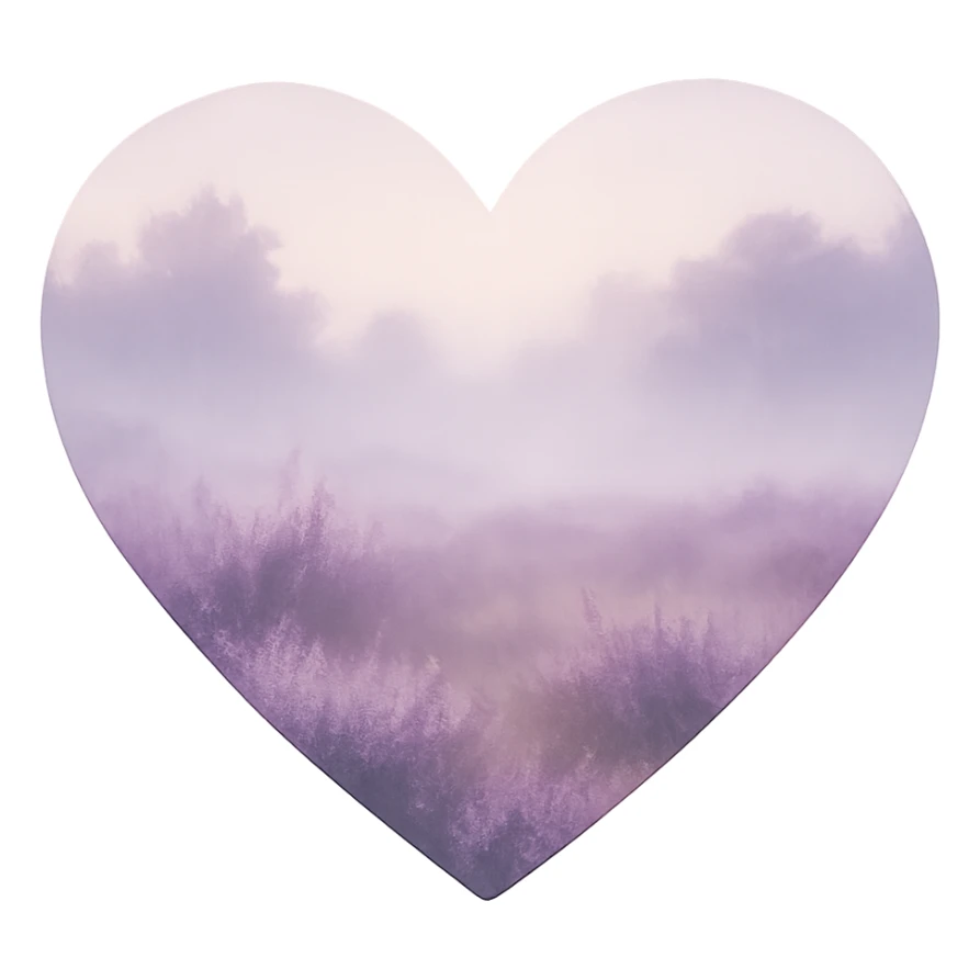 heart with a misty morning heather field, clean digital illustration sticker