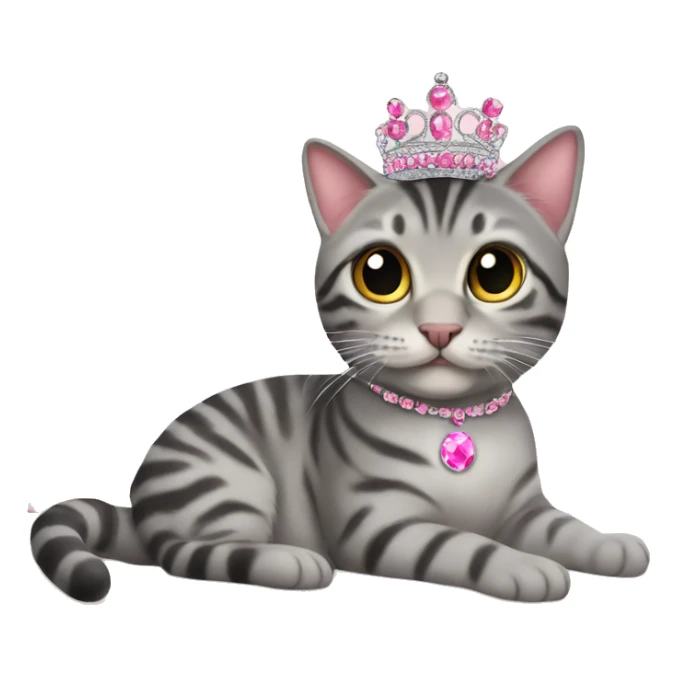 gray tabby sitting on pink pillow wearing pink gem tiara  sticker