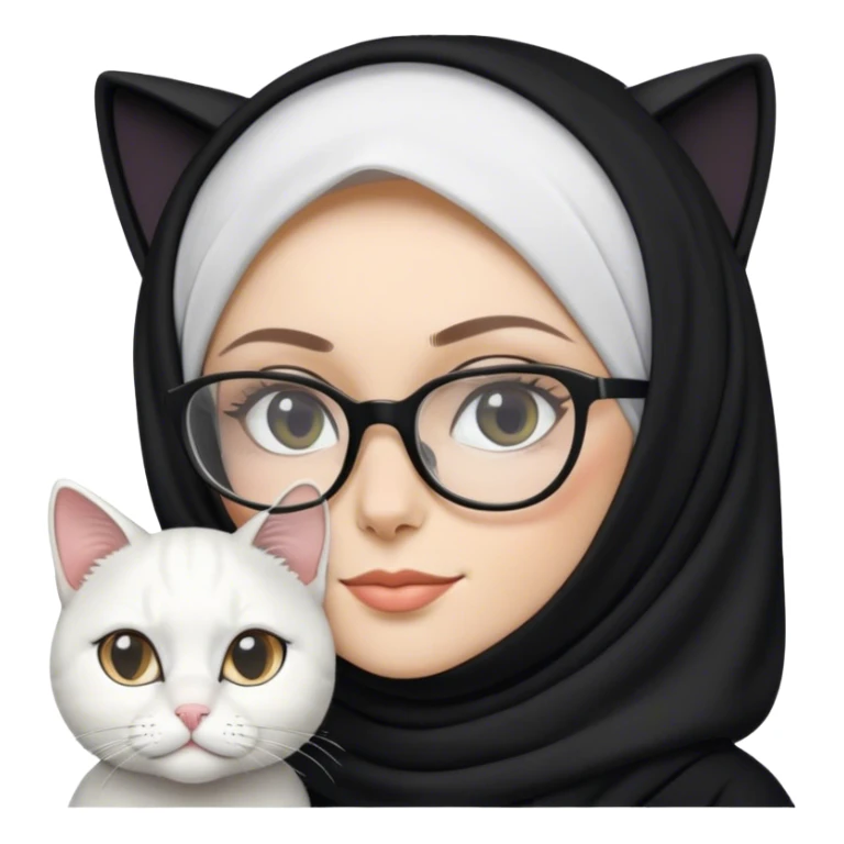 black hijab, white woman wearing glasses, white cat sticker