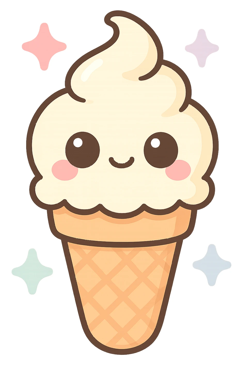 vanilla ice cream cone Marvi style, kawaii style, rosy cheeks, smiling, shiny details, transparent background sticker