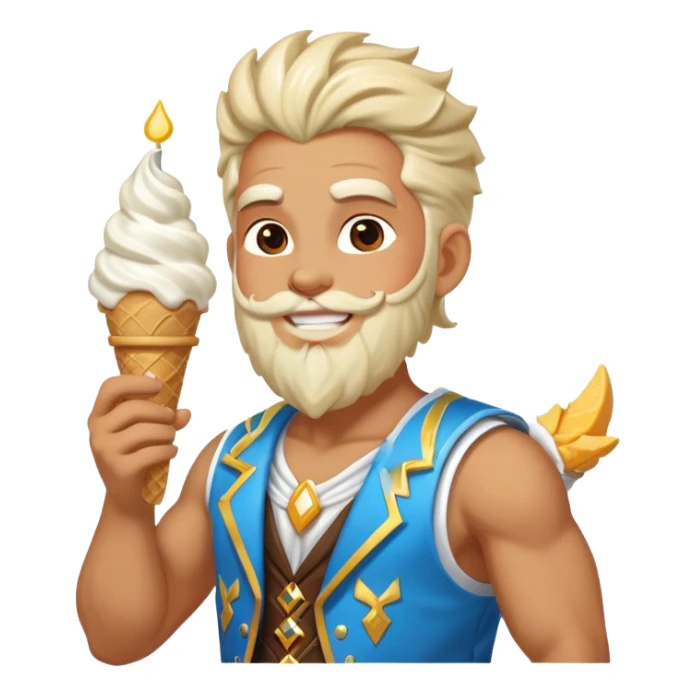 smiling Zeus eating white ice cream holding thunderbolt wearing vest sticker