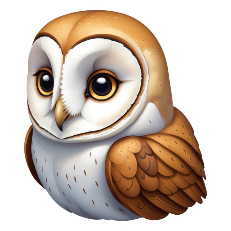 Cinematic Deep Thought Barn Owl Portrait Emoji, Head held high with a serene, contemplative gaze, showcasing its beautifully patterned plumage of white and brown, with eyes deeply focused as if pondering ancient secrets, Simplified yet majestically refined features, highly detailed, glowing with a soft, introspective light, high shine, poised and pensive, stylized with an air of profound wisdom, capturing the essence of an owl immersed in deep thought, so thoughtful it feels like it could silently whisper timeless wisdom from beyond the screen! sticker