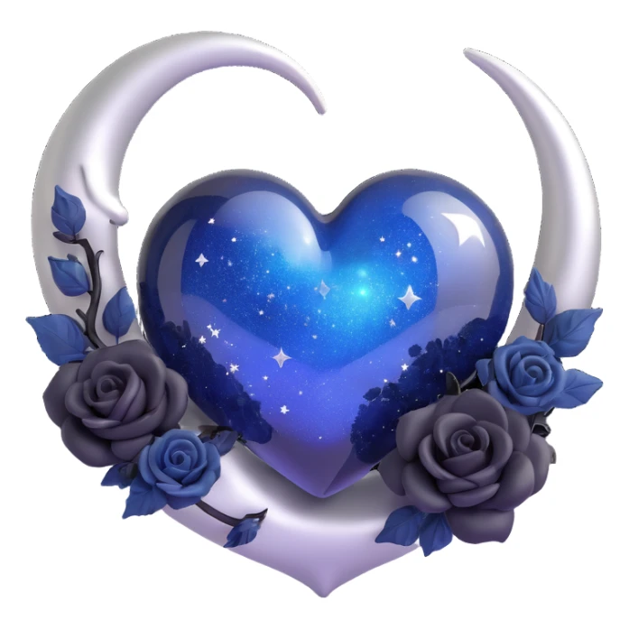 3D emoji gothic heart, midnight blue glass, silver crescent moon, tiny black roses, shimmering stardust, swirling galaxy background, glowing rune pattern, frost and ice effect sticker