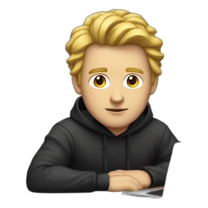 a serious-looking white man, wearing a black hoodie, behind a laptop sticker