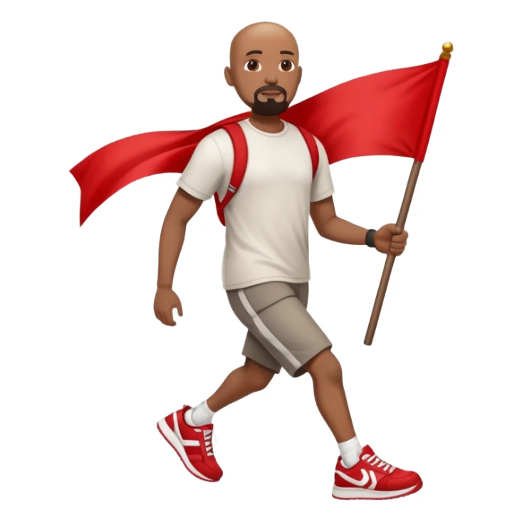 Bald black man with a white goatee in sneakers carrying a red flag sticker