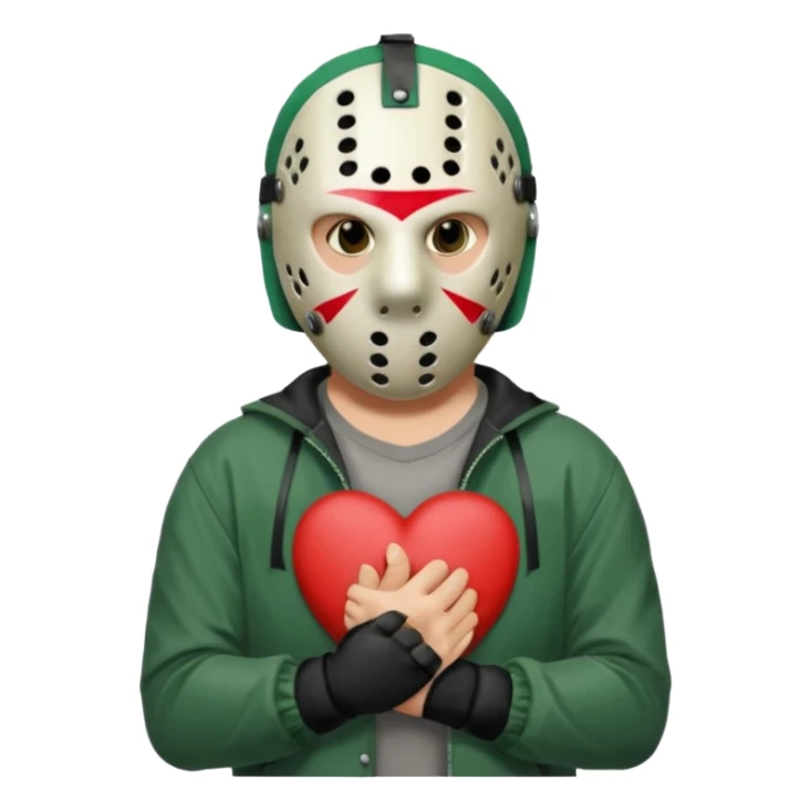 a cartoon image of Jason Voorhees, looking cute, with his hands clasped in front of him, at a sideways angle, looks like he is in love sticker