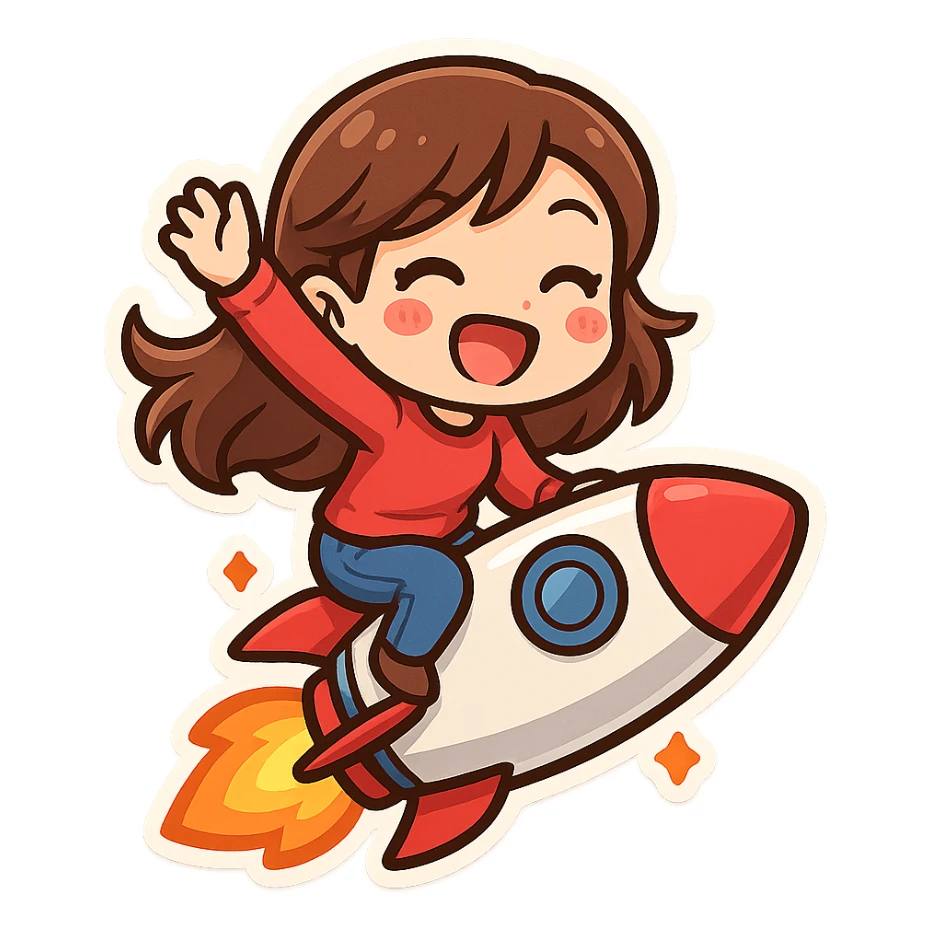rocket emoji with a lady riding on top in a fun and dynamic pose, vibrant colors, simple background sticker
