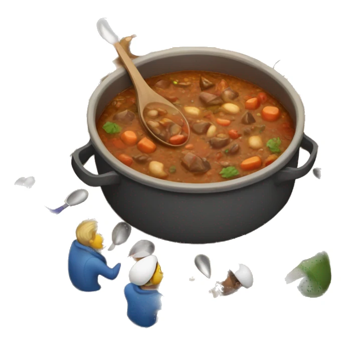 pot of stew on table with people holding long spoons surrounding said table sticker