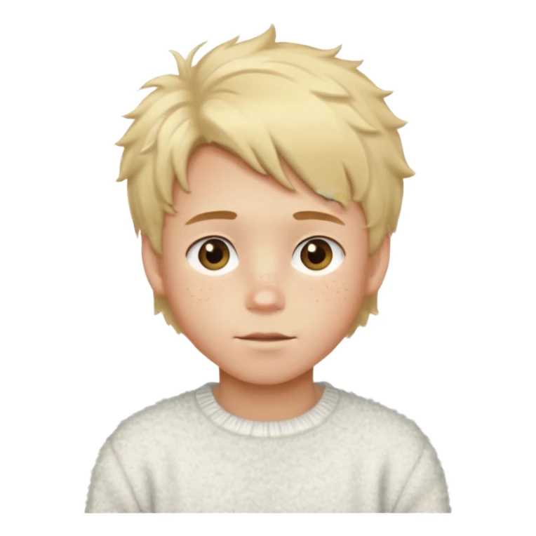 create-a-look-for-a-blond-boy-with-long-tousled-hair-light-eyes-a-white-sweat + fluffy white sweater + styled hair blonde with hair to the side cute + cute face with freckles  medium hair fluffy to the side no long hair cute hair blonded no messy medium height blue eyes sticker