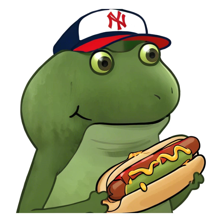 wearing a yankees hat, holding a hotdog sticker
