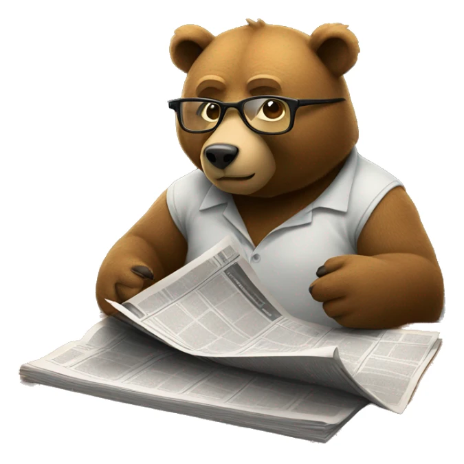 Bear sitting at a coffee table wearing glasses reading a newspaper sticker