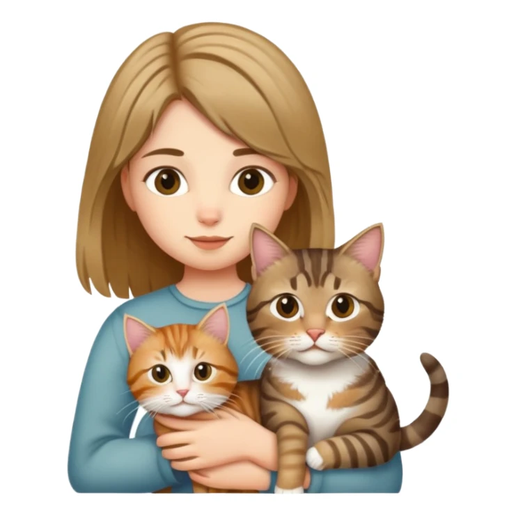 A girl holding a long-haired tabby cat and a short-haired tabby cat sticker