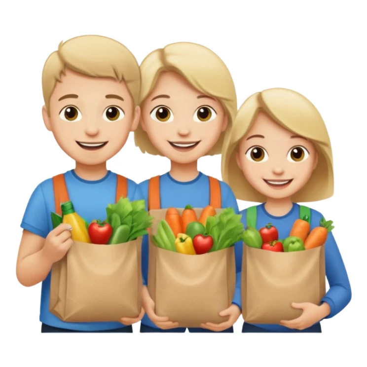 caucasian kids putting groceries in bags smiling sticker