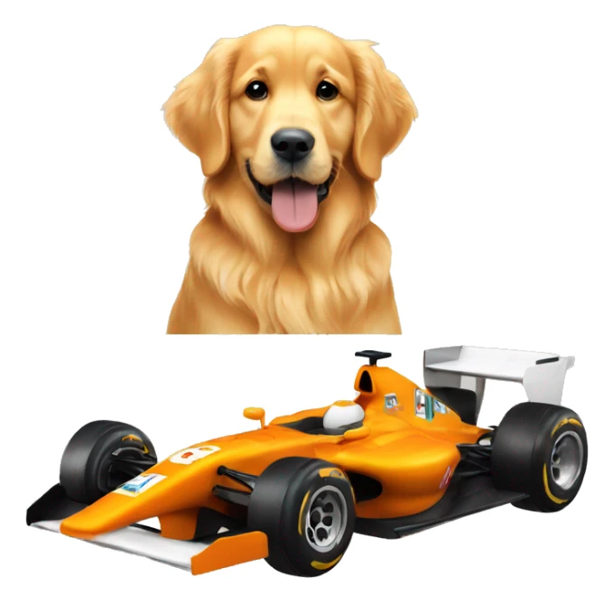 golden retriever sitting in an orange formula one car sticker