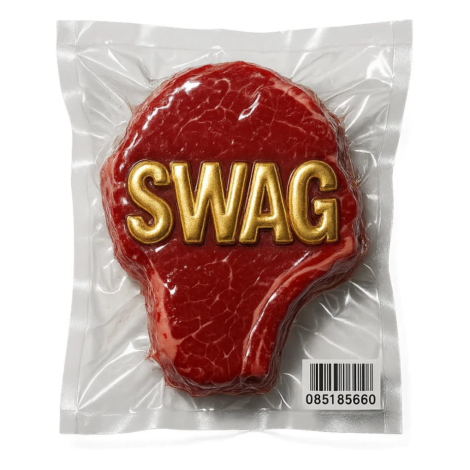 steak with gold embossed 'SWAG' text, glossy and puffy sticker