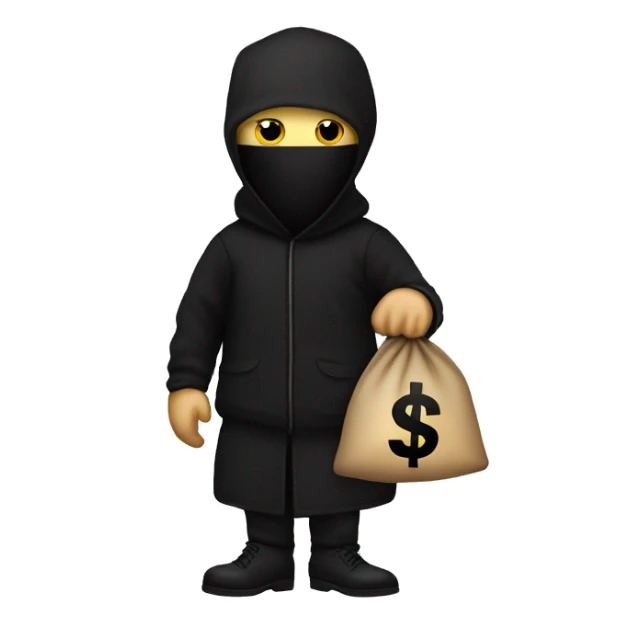 Thief wearing all black clothes actively stealing a money bag with the words Top Tier embroidered on it sticker