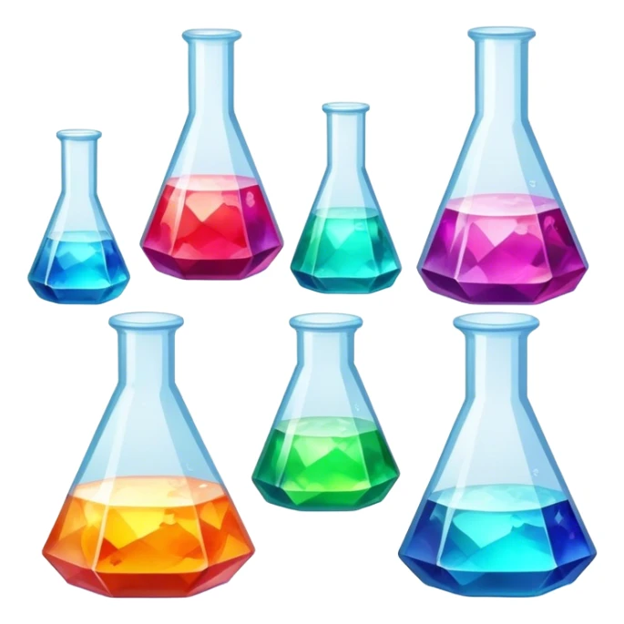 A set of colorful growing crystals in various stages of development, surrounded by beakers and jars with chemical solutions. Light shining on the crystals creates a dazzling glow. Background of a clean, well-lit workspace with scientific tools and equipment. Transparent background. sticker