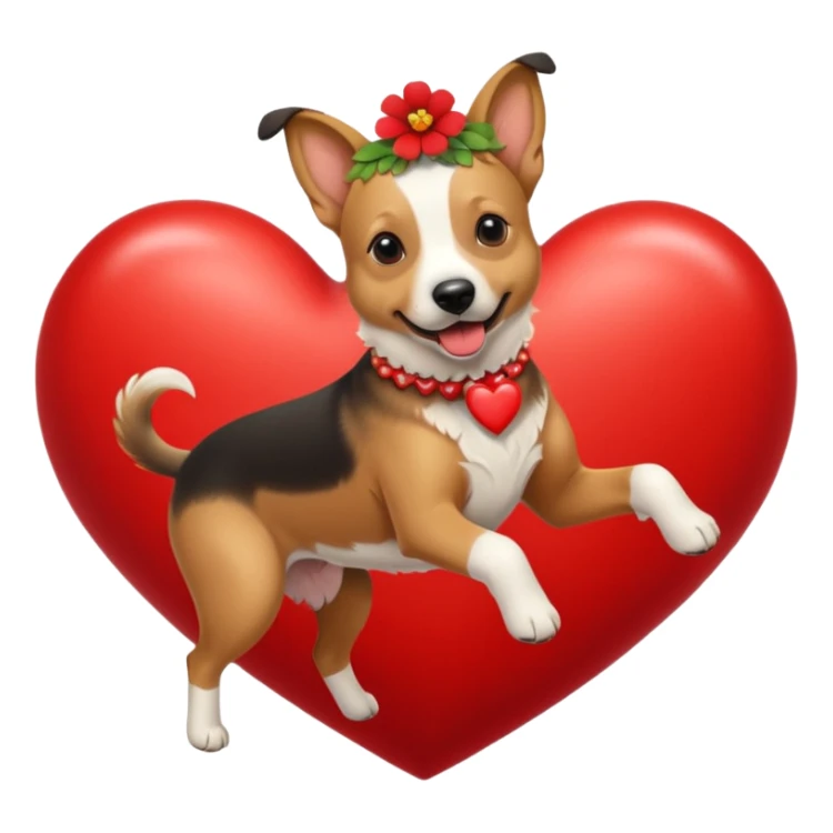 Short-haired Belgian  belgian Dog with a flowerband on head is jumping on a heart sticker