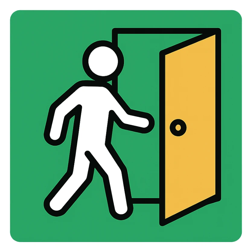 minimalistic icon of a white human figure walking through an open outlined door, viewed from the front, door with visible doorknob, solid green background, flat simple clean lines, high contrast sticker