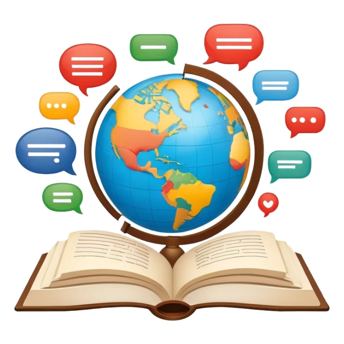 An icon showing a globe surrounded by speech bubbles with greetings in different languages, like 'Hello,' 'Hola,' and 'Bonjour.' The design includes an open book and a quill, symbolizing learning and communication. Transparent background emphasizes global connection through language. sticker