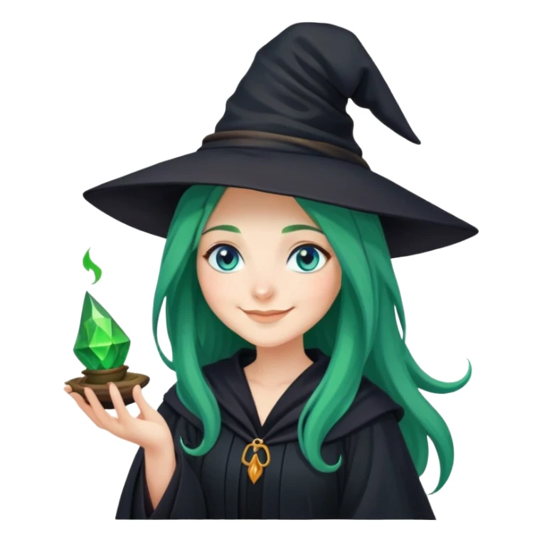 Young Witch in black robe and a witch's hat with green magic in her hand, long green hair and blue eyes smiling sticker