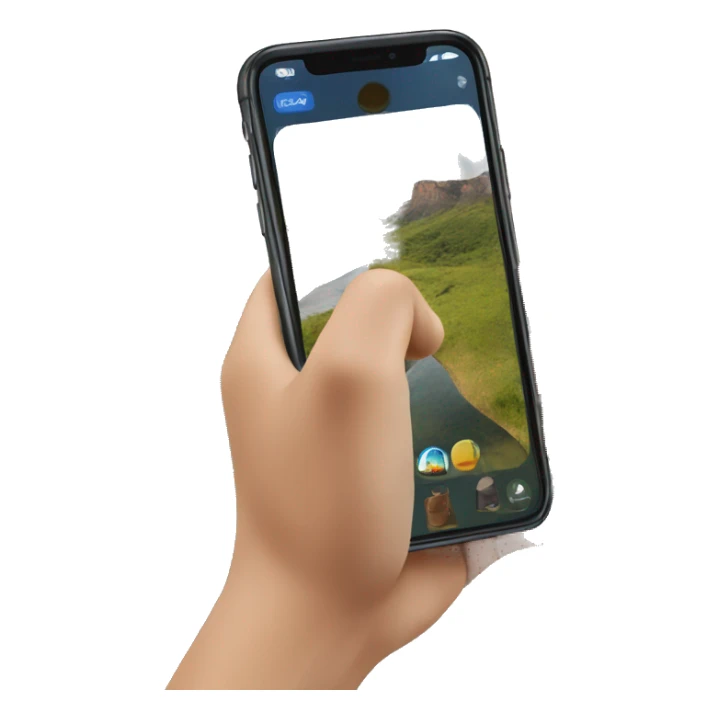 A hand holding a cell phone to take a photo of a landscape sticker