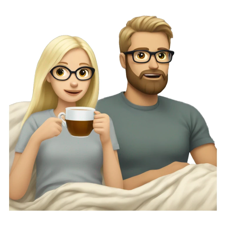 Pale blonde girl wearing glasses drinking tea under blanket with bearded brunette man sticker